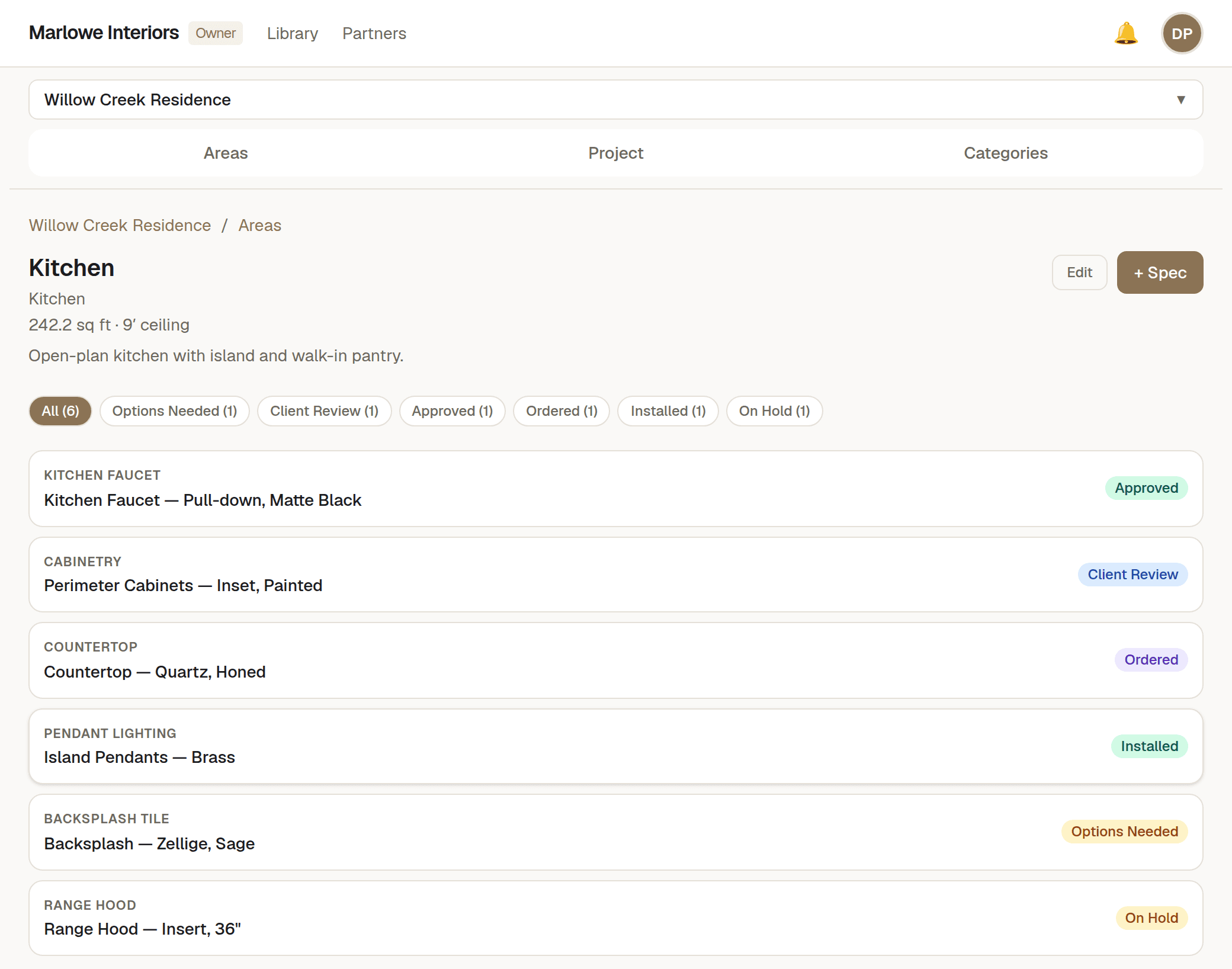 An EDC Built project workspace: a kitchen area with specifications tracked across statuses